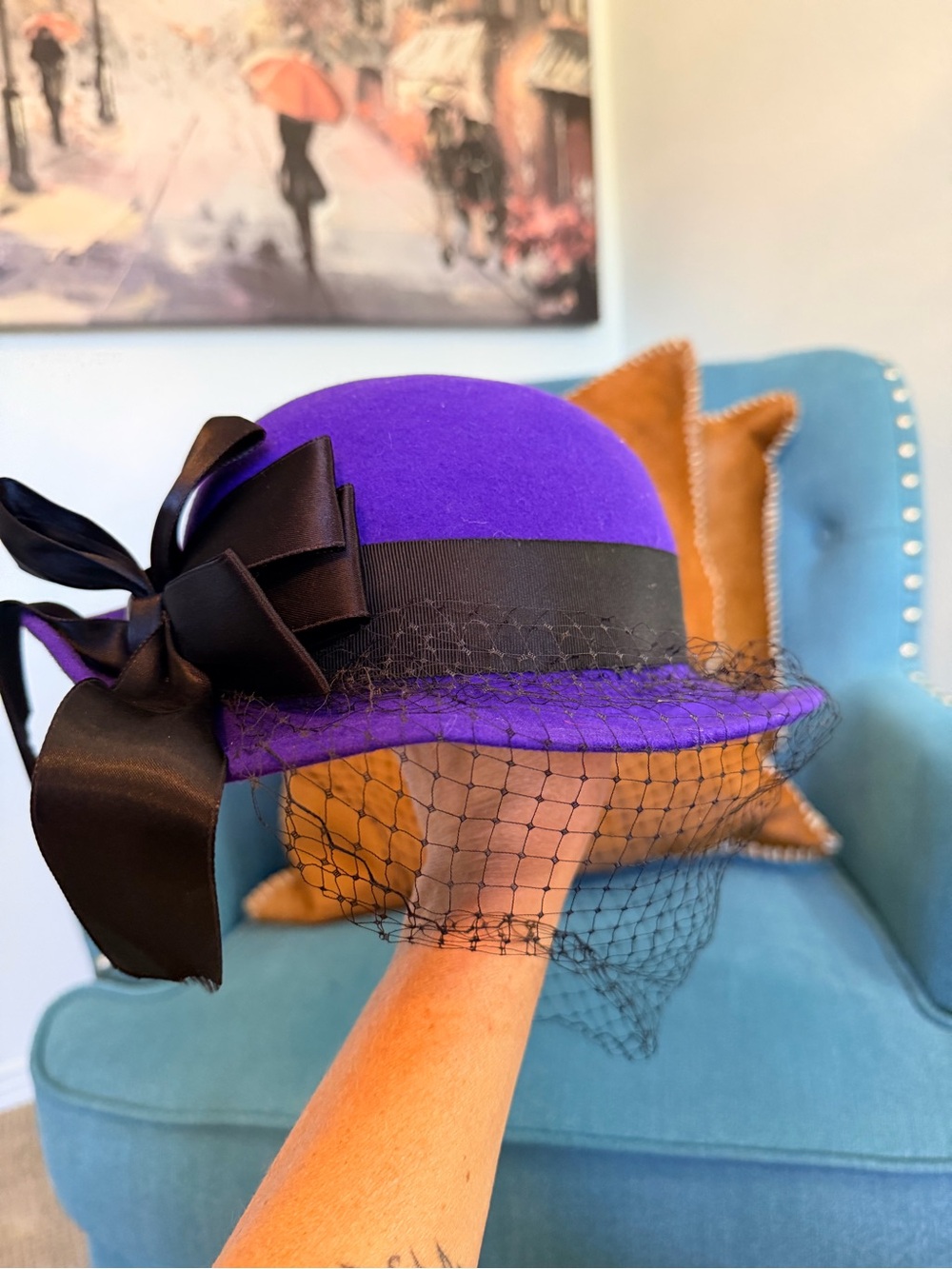 Vintage Wool Liz Claiborne Purple Veiled Bow Cloche Hat